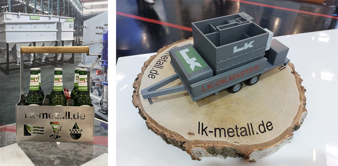 Ein Flaschenträger mit Bierflaschen und ein Modell des LK-Oilmaster, präsentiert von LK Metallwaren auf der IFAT Messe 2024