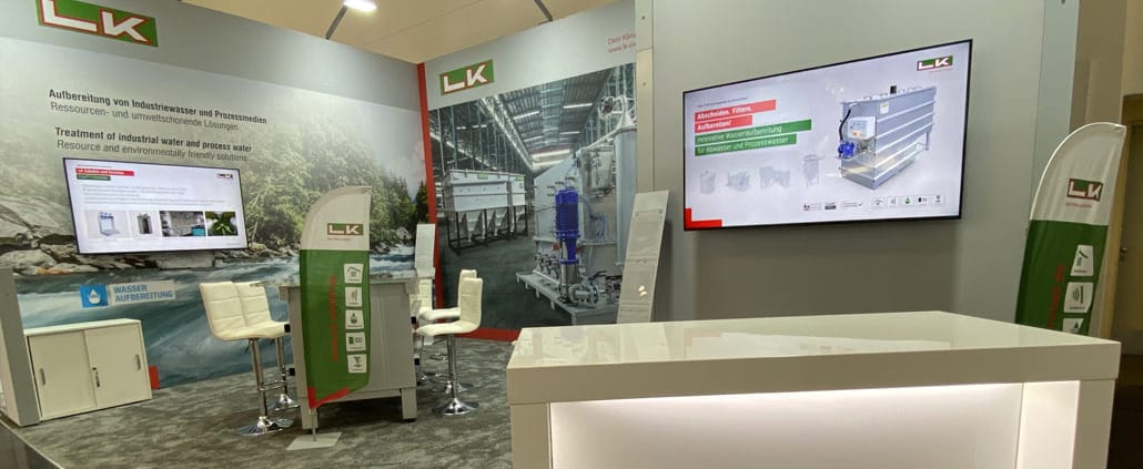 Der Messestand von LK Metallwaren auf der IFAT Messe 2024, präsentiert Lösungen zur Behandlung von Industrie- und Prozesswasser.